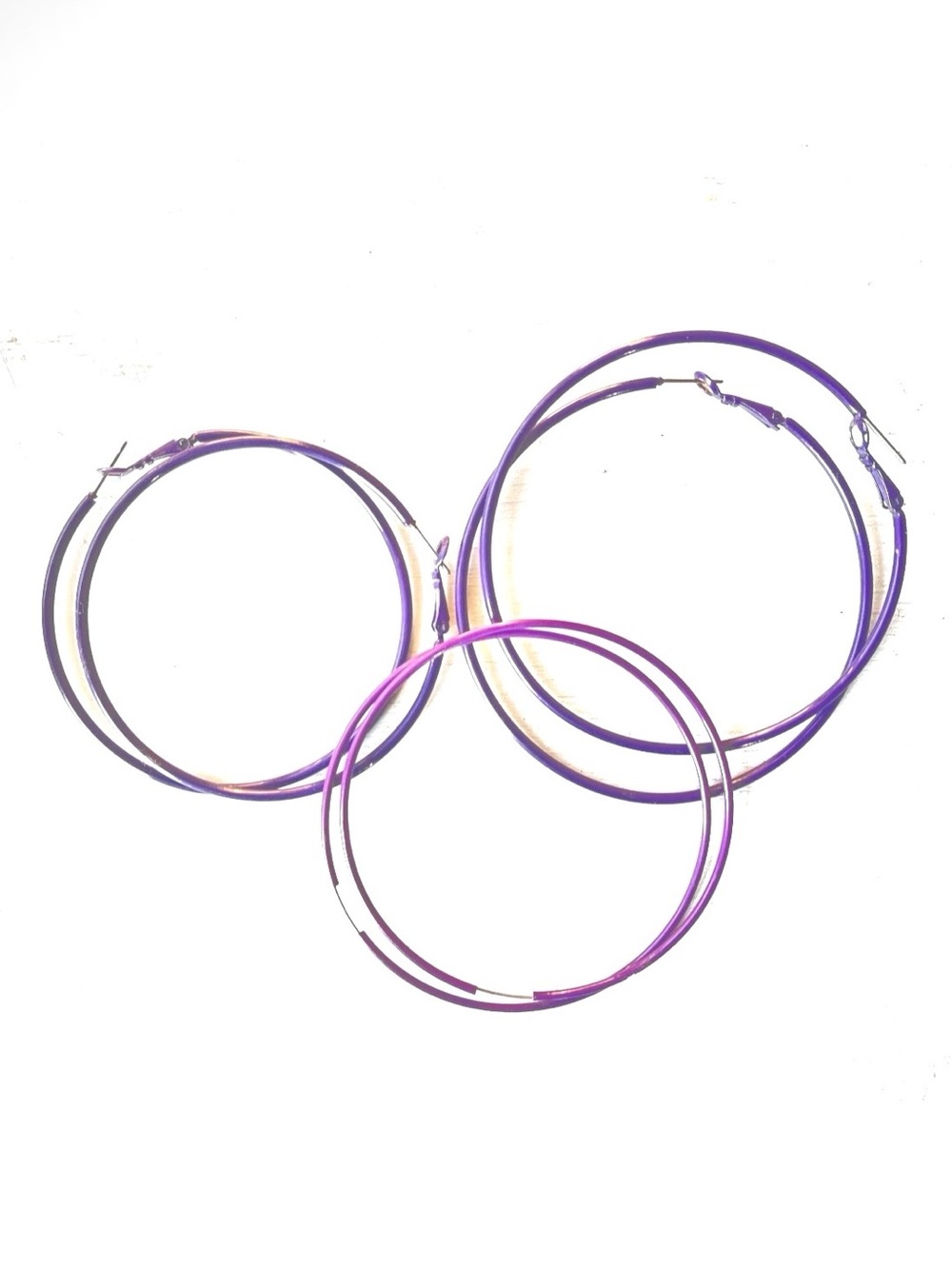 3pr Vintage Large Enamel Metal Round Thin Wire Hoop Earrings Pierced Ears Purple